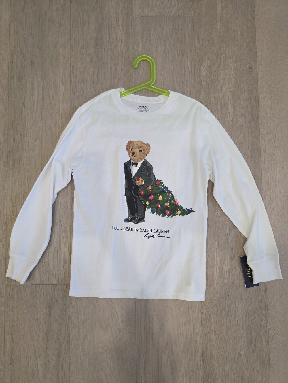 NWT Polo by Ralph Lauren White Long-Sleeve Tee with Tuxedo Bear & Christmas Tree